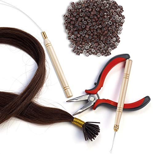 Hair Extension Kit Pliers Pulling Hook Needle Bead Device Tool Kits and 600  Pieces Silicone Lined Micro Rings (Black, Blonde and Brown Beads)