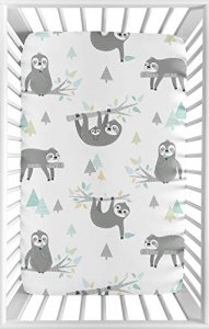 Sweet Jojo Designs Blue And Grey Jungle Sloth Leaf Unisex For Mini Crib Or Pack And Play - Turquoise, Gray And Green Botanical Rainforest