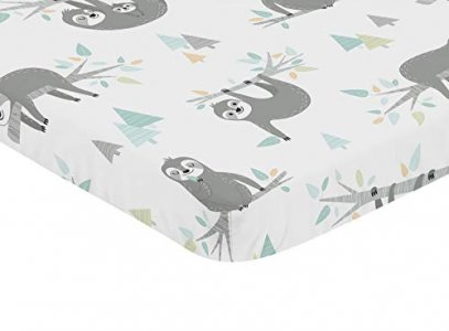 Sweet Jojo Designs Blue And Grey Jungle Sloth Leaf Unisex For Mini Crib Or Pack And Play - Turquoise, Gray And Green Botanical Rainforest