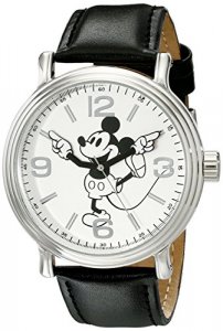 Disney Men'S W001853 Mickey Mouse Silver-Tone Watch With Black Faux-Leather Band