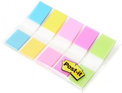 Post-it® Tabs, 1 in. Solid, Aqua, Yellow, Pink, Red, Green, Orange,  6/Color, 36/Dispenser