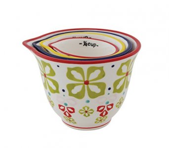 Creative Co-Op Floral Hand Stamped Stoneware Measuring Cups (Set of 4 Sizes/Designs)