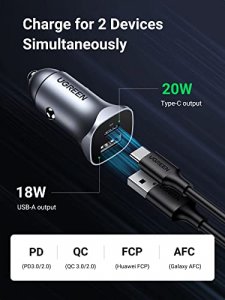 UGREEN USB C Car Charger Dual Ports PD and Power Delivery 3.0- for iPhone 12 SE 11 XS XR X 8 7 Plus AirPods iPad Google Pixel 5 Nintendo Switch