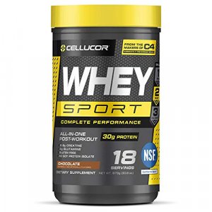 Cellucor Whey Sport Protein Powder, Post Workout Recovery Drink With Whey Protein Isolate, Creatine & Glutamine, Chocolate, 18 Servings
