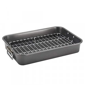 Farberware Nonstick Bakeware 11-Inch X 15-Inch Roaster With Flat Rack - Gray