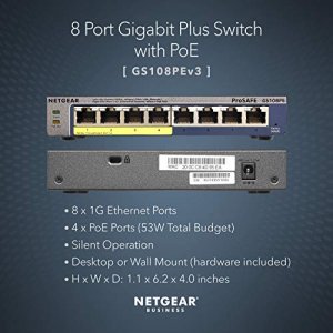 Netgear 8-Port Gigabit Ethernet Smart Managed Plus Poe Switch (Gs108Pev3) - With 4 X Poe @ 53W, Desktop/Rackmount, And Prosafe Limited Lifetime Prote