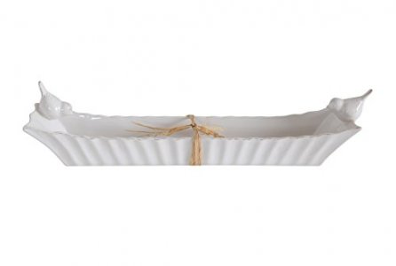 Creative Co-Op Long White Ceramic Cracker Dish With Two Birds