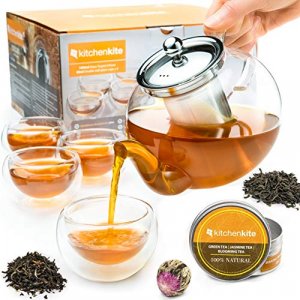 Tea Kettle Infuser Stovetop Gift Set -Microwave & Dishwasher Safe, Tea Pot with Blooming, Loose Leaf Tea Sampler & 4 Double Wall Cups, Tea Maker
