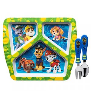 Zak Designs Paw Patrol Dinnerware Set Includes Melamine 3-Section Divided Plate and Utensil Made of Durable Material and Perfect for Kids, 3 Piece Se