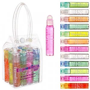 Expressions Girl Roll On Lip Gloss Set with Carrying Case, 12-Piece Glossy Lip Make-up for Kids and Teens - Fruity Flavors, Non Toxic, Kid Friendly,