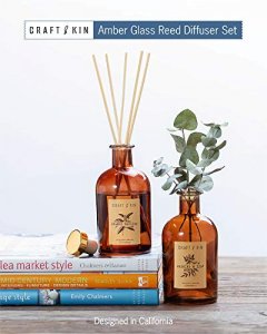 Reed Diffuser SticksJasmine & Lily Scent Set, All-Natural Essential Oil & Elegant Amber Glass Vase (5.75oz), Provides Constant Fragrance