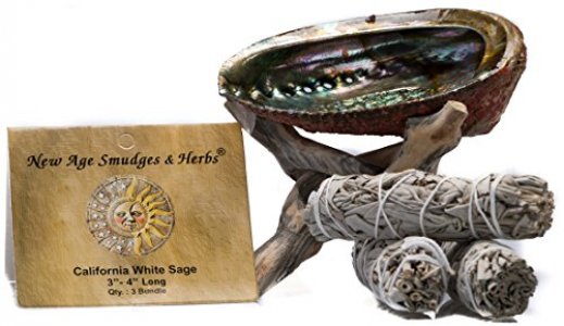 Smudging Kit - 3 California White Sage Smudging Wands (Salvia Apiana) with Beautiful Natural 5 in - 6 in Abalone Shell - Sage Sticks -3''- 4