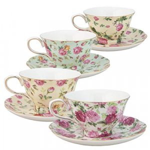 Gracie China by Coastline Imports Rose Chintz 8-Ounce Porcelain Tea Cup and Saucer, Set of 4