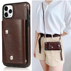 LUVI for iPhone 11 Pro Max Card Holder Case with Neck Strap Crossbody Chain Handbag Wrist Strap Protective Cover with Credit Card Holder Slot PU Leat