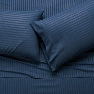 Amazon Basics Deluxe Microfiber Striped Sheet Set, Navy Blue, Queen