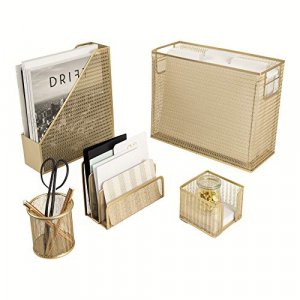 Blu Monaco 5 Piece Office Supplies Gold Desk Organizer Set - Desktop Hanging File Organizer - Desk Organizers and Storage - Desk accessories & Worksp