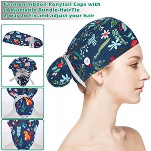 4 Pieces Bouffant Turban Hats with Buttons Ponytail Holder and Sweatband Scrub Caps Adjustable Ponytail Pouch Tie Back Hats Long Hair Covers