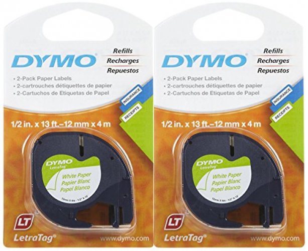 2PK + 1 Label for DYMO LetraTag White Paper Refills Tape 12mm X 4m (1/2” X  13')