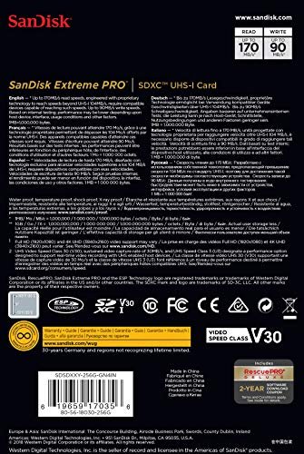  SanDisk 256GB Extreme PRO SDXC UHS-I Memory Card - C10, U3,  V30, 4K UHD, SD Card - SDSDXXD-256G-GN4IN, Dark gray/Black