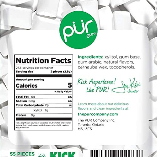 PUR Gum | Aspartame Free Chewing Gum | 100% Xylitol | Sugar Free, Vegan,  Gluten Free & Keto Friendly | Natural Spearmint Flavored Gum, 55 Pieces  (Pack