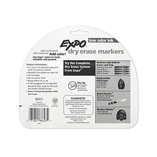 Low Odor Dry Erase Markers, Fine Tip, Assorted Colors, 12 Count