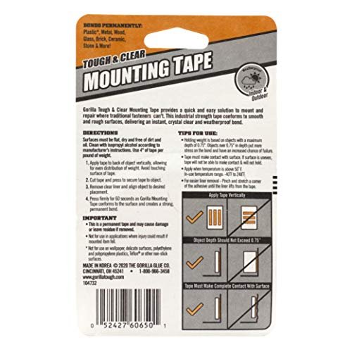 Gorilla Tough & Clear, Double Sided Mounting Tape, Weatherproof, 1 x 60,  Clear, (Pack of 1)
