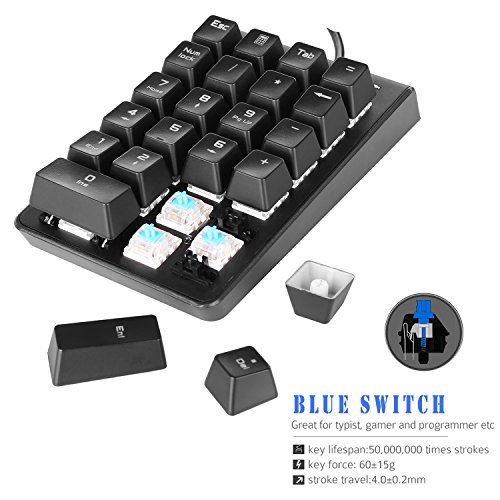 ROTTAY Mechanical USB Wired Numeric Keypad with Blue LED Backlit 22-Key Numpad for Laptop Desktop Computer PC Number Pad Blue switches Black Renewed 