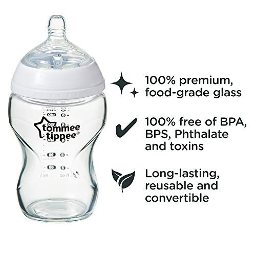 Tommee Tippee Closer to Nature 3 in 1 Convertible Glass Baby Bottles,  Anti-Colic Valve – 9-ounce, 3 Count 