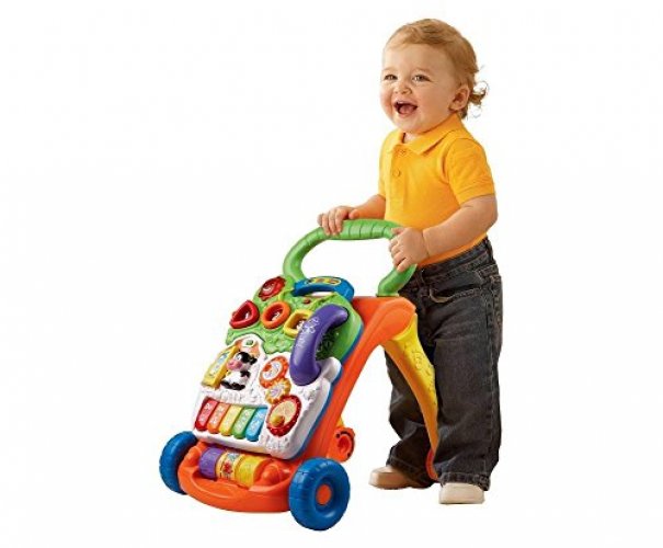 VTech Baby Push Walker Sit-to-Stand Toddler Interactive Learning Toy Orange