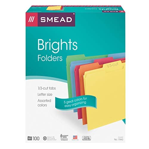 Assorted Colors Letter Size 11943 100 per Box Smead File Folder 1/3-Cut Tab 