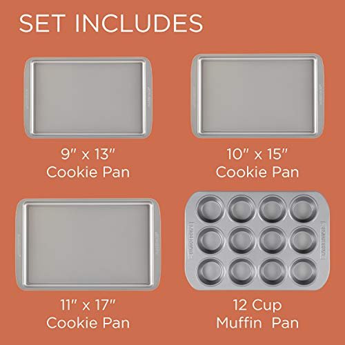 Farberware Bakeware Nonstick Cookie, Muffin, Cupcake, and Cake Pan Set, 4-Piece, Gray