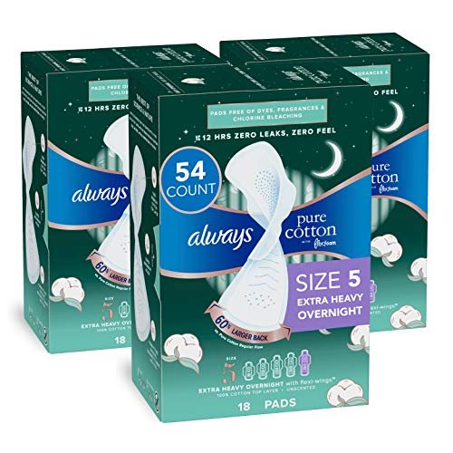 Always Pure Cotton, Feminine Pads For Women, Size 5 Extra Heavy Overnight  Absorbency, Multipack, With Flexfoam, With Wings, Unscented, 18 Count X 3 P  - Imported Products from USA - iBhejo