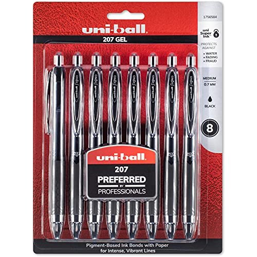 Black Retractable Gel Pens 8 Pack with Medium Points, Uni-Ball 207 Signo  Click Pens are Fraud Proof and the Best Office Pens, Nursing Pens, Business