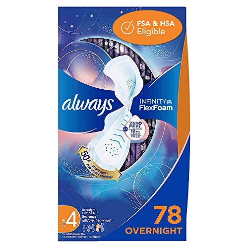 Always Infinity FlexFoam Pads for Women Size 4 Overnight Absorbency, Up to  12 hours Zero Leaks, Zero Feel Protection, with Wings Unscented, 26 count