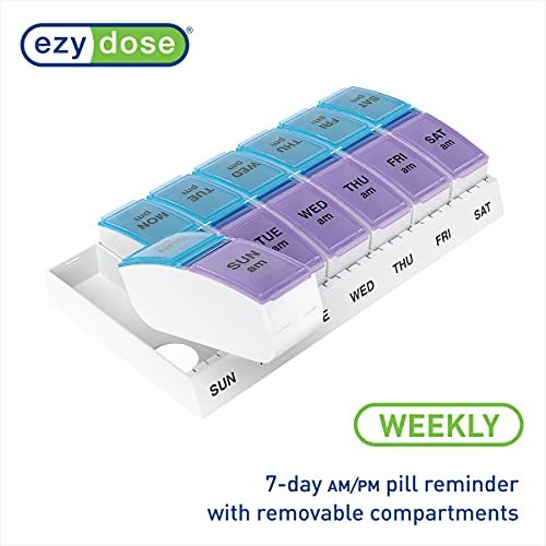 Ezy Dose Weekly (7-Day) AM/PM Pill Organizer, Vitamin and Medicine Box,  Small Pop-out Compartments, 2 Times a Day, Blue and Purple Lids