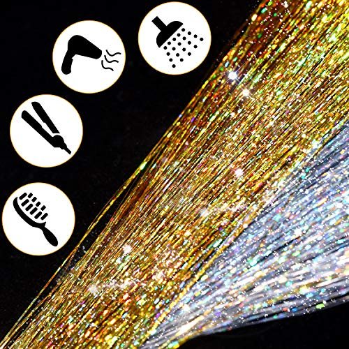 Hair Tinsel Strands Kit, Tinsel Hair Extensions, Fairy Hair Tinsel Kit for  Women Girls with Tools (1200 Strands, Silver+Beige Silicone Link Rings Beads)