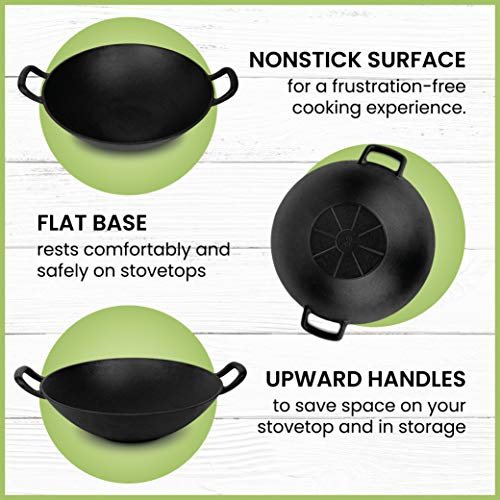 14-Inch Cast Iron Wok Set (Pre-Seasoned), Glass Lid & Silicone Hot