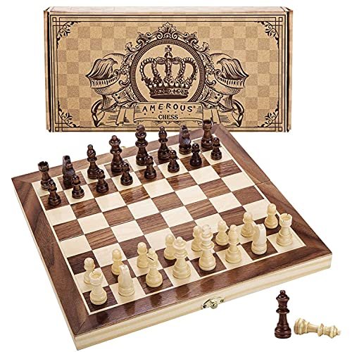 AMEROUS 12 x 12 Magnetic Wooden Chess Set for Kids and 6 up Age, 2 Bonus  Extra Queens, Folding Board with Storage Slots, Handmade Chess Pieces