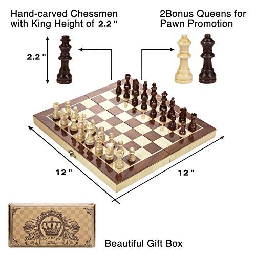 AMEROUS 12 x 12 Magnetic Wooden Chess Set for Kids and 6 up Age, 2 Bonus  Extra Queens, Folding Board with Storage Slots, Handmade Chess Pieces