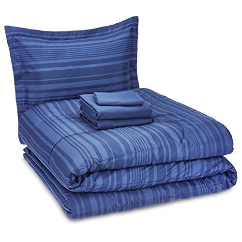 Basics Lightweight Microfiber Bed-in-a-Bag Comforter 5-Piece Bedding  Set, Twin/Twin XL, Blue Calvin Striped