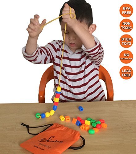Skoolzy Rainbow Lacing Beads for Toddlers 30 Pcs, Color and Shape Sorter  Montessori Toys Occupational Therapy for Preschool Includes String & Bag