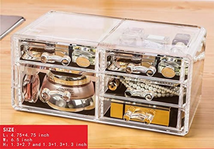 CQ Acrylic Clear Makeup Organizer and Storage Stackable Skin Care Cosmetic Display Case with 4 Drawers Make Up Stands for Jewelry Hair Accessories