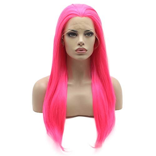 Lushy Lace Front Synthetic Wigs Straight Long 24Inch Rose Red Color Wig