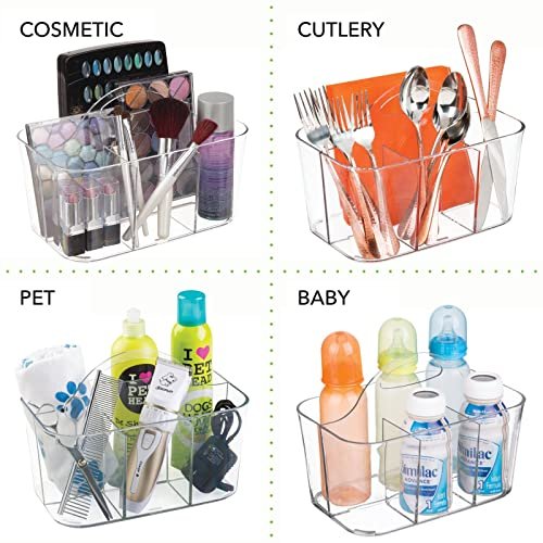 mDesign Plastic Makeup Storage Organizer Caddy Tote - Divided Basket Bin, Handle