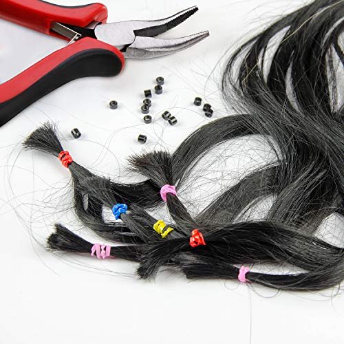 Hair Extension Kit Pliers Pulling Hook Needle Bead Device Tool Kits and 600  Pieces Silicone Lined Micro Rings (Black, Blonde and Brown Beads)