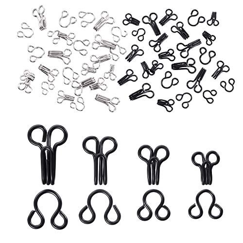 90 Pairs Sewing Hooks and Eyes Closure for Bra Clothing Trousers Skirt Jackets Fasteners Sewing DIY Craft,3 Sizes Black and Silver