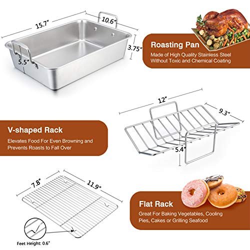 Small Roasting Pan, EFar 14 Inch Heavy Duty Stainless Steel Turkey