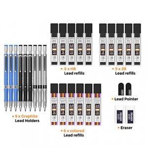 Nicpro 29 Pieces 2mm Mechanical Pencil Set, 9 PCS Artist Drafting Pencil 2.0 mm for Art Drawing Writing Sketching with 16 Tube Lead Refills HB, 2B Bl
