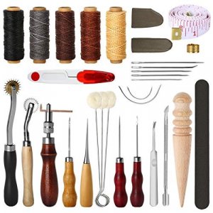 Electop 31 Pcs Leather Sewing Tools Diy Leather Craft Tools Hand Stitching Tool Set With Groover Awl Waxed Thread Thimble Kit
