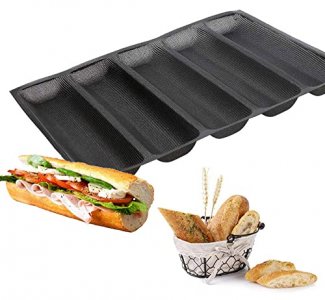 Silicone Baguette Pan - Non-stick Perforated Fench Bread Pan Forms , Hot Dog Molds , Baking Liners Mat Bread Mould (5 Loaf, Black)